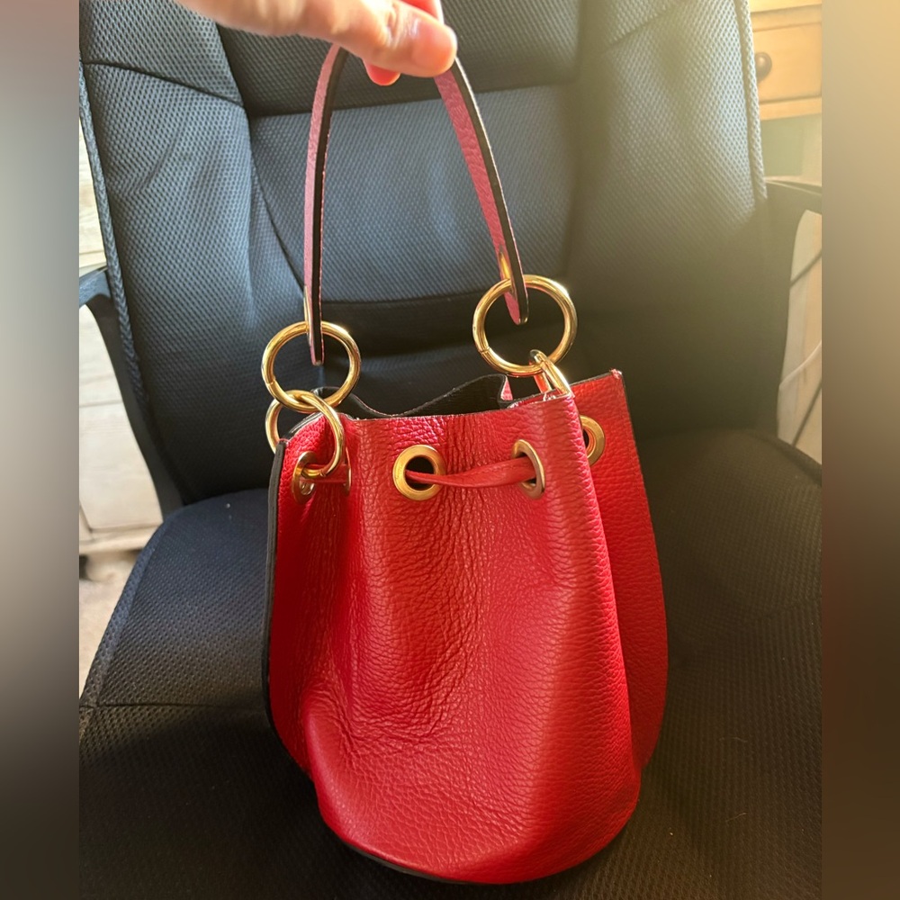 Elegant Red Leather Bucket Bag